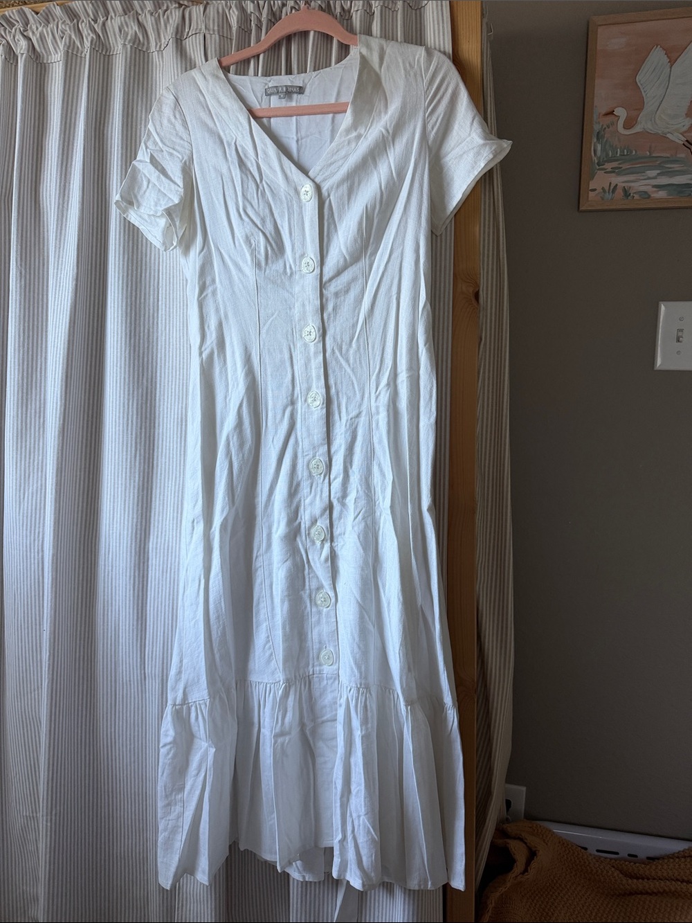 Oliver Bonas Linen Blend White Button Short Sleeve Midi Dress